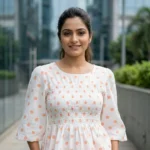 white round neck peplum top with peach polka dots and a smocked bodice (3)