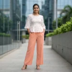 white round neck peplum top with peach polka dots and a smocked bodice (5)