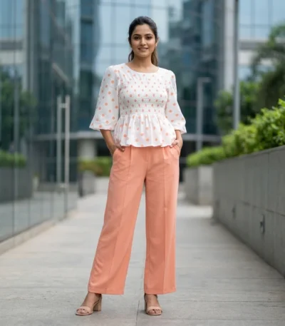 white round neck peplum top with peach polka dots and a smocked bodice (5)