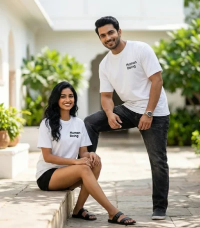 white t shirt with a large black shipping label graphic and Human Being text (3)