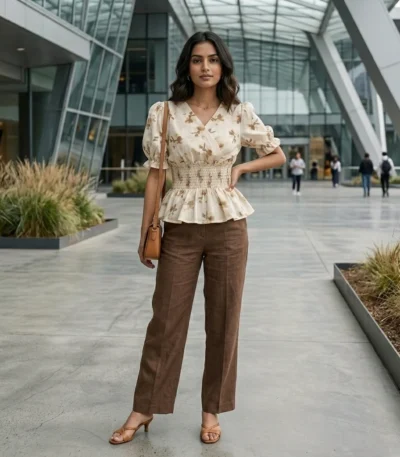woman wearing a floral smocked peplum top (2)