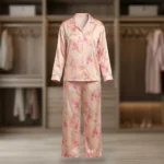 woman wearing a pink floral satin co ord set (1)