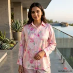 woman wearing a pink floral satin co ord set (4)