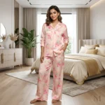 woman wearing a pink floral satin co ord set (5)