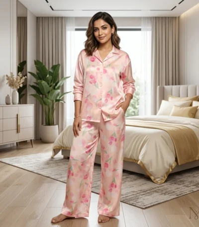 woman wearing a pink floral satin co ord set (5)