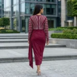 woman wearing a wine red embellished midi party dress (1)