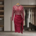 woman wearing a wine red embellished midi party dress (2)
