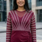 woman wearing a wine red embellished midi party dress (3)