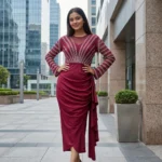 woman wearing a wine red embellished midi party dress (4)