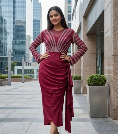 woman wearing a wine red embellished midi party dress (4)