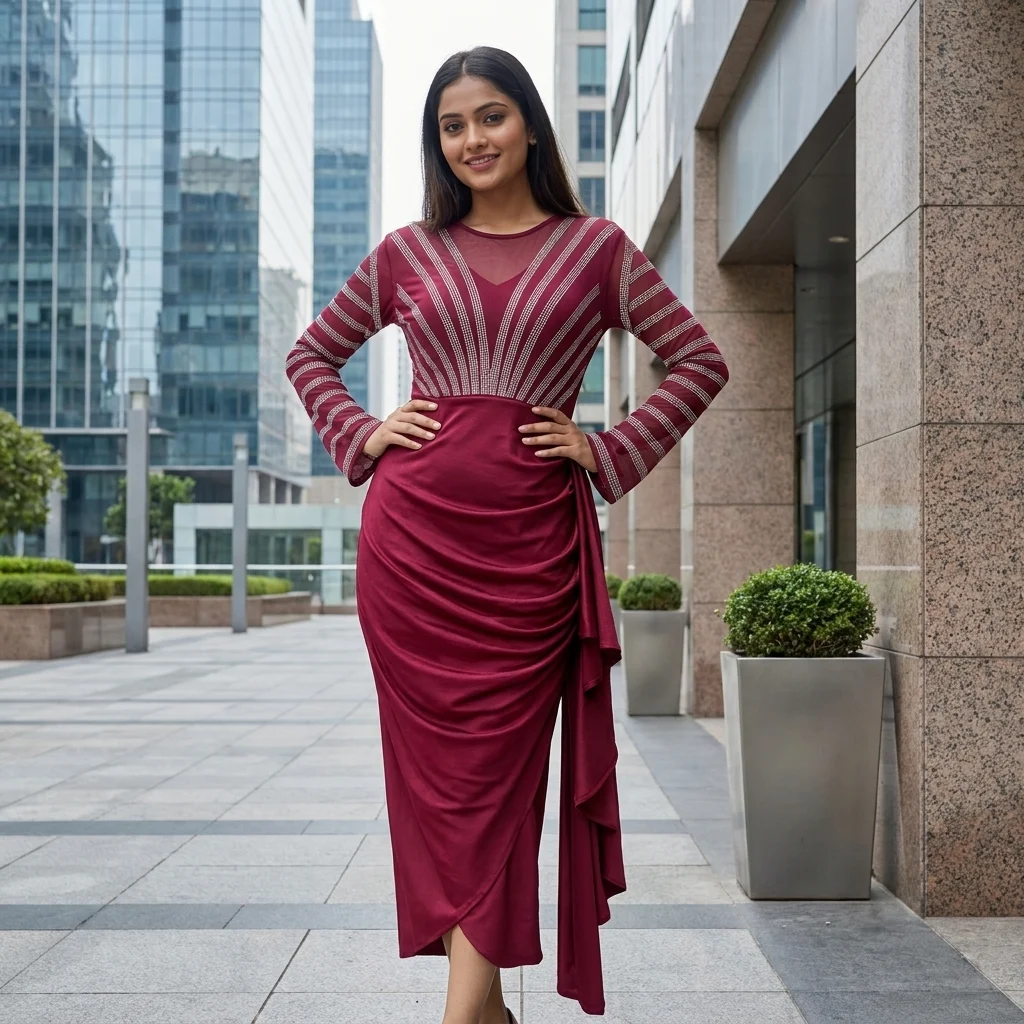 woman wearing a wine red embellished midi party dress (4) woman wearing a wine red embellished midi party dress (4)
