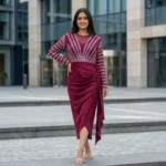 woman wearing a wine red embellished midi party dress (5)
