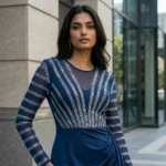 woman wearing a women's navy blue midi party dress (1)