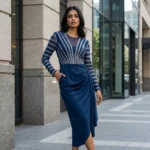 woman wearing a women's navy blue midi party dress (10)