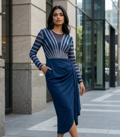 woman wearing a women's navy blue midi party dress (10)