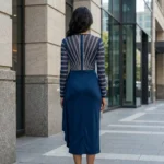 woman wearing a women's navy blue midi party dress (8)