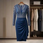 woman wearing a women's navy blue midi party dress (9)