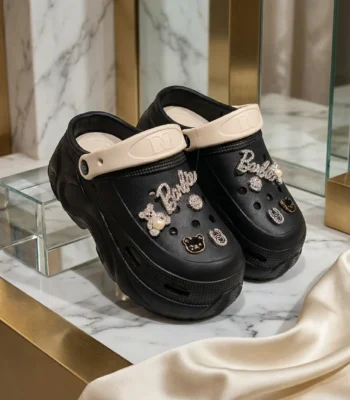 womens black platform clogs with crystal Barbie and bear charms (1)
