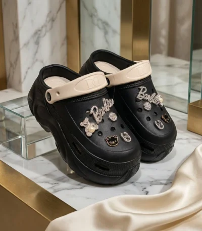 womens black platform clogs with crystal Barbie and bear charms (1)