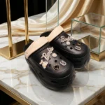 womens black platform clogs with crystal Barbie and bear charms (2)