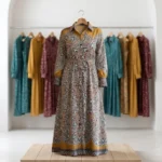 Back view of womens Masi mandala print maxi shirt dress in mustard (1)