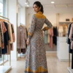 Back view of womens Masi mandala print maxi shirt dress in mustard (2)