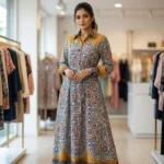 Back view of womens Masi mandala print maxi shirt dress in mustard (4)
