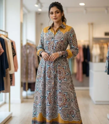 Back view of womens Masi mandala print maxi shirt dress in mustard (4)