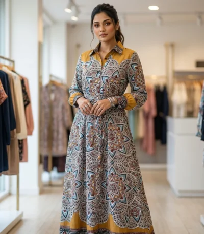 Back view of womens Masi mandala print maxi shirt dress in mustard (4)