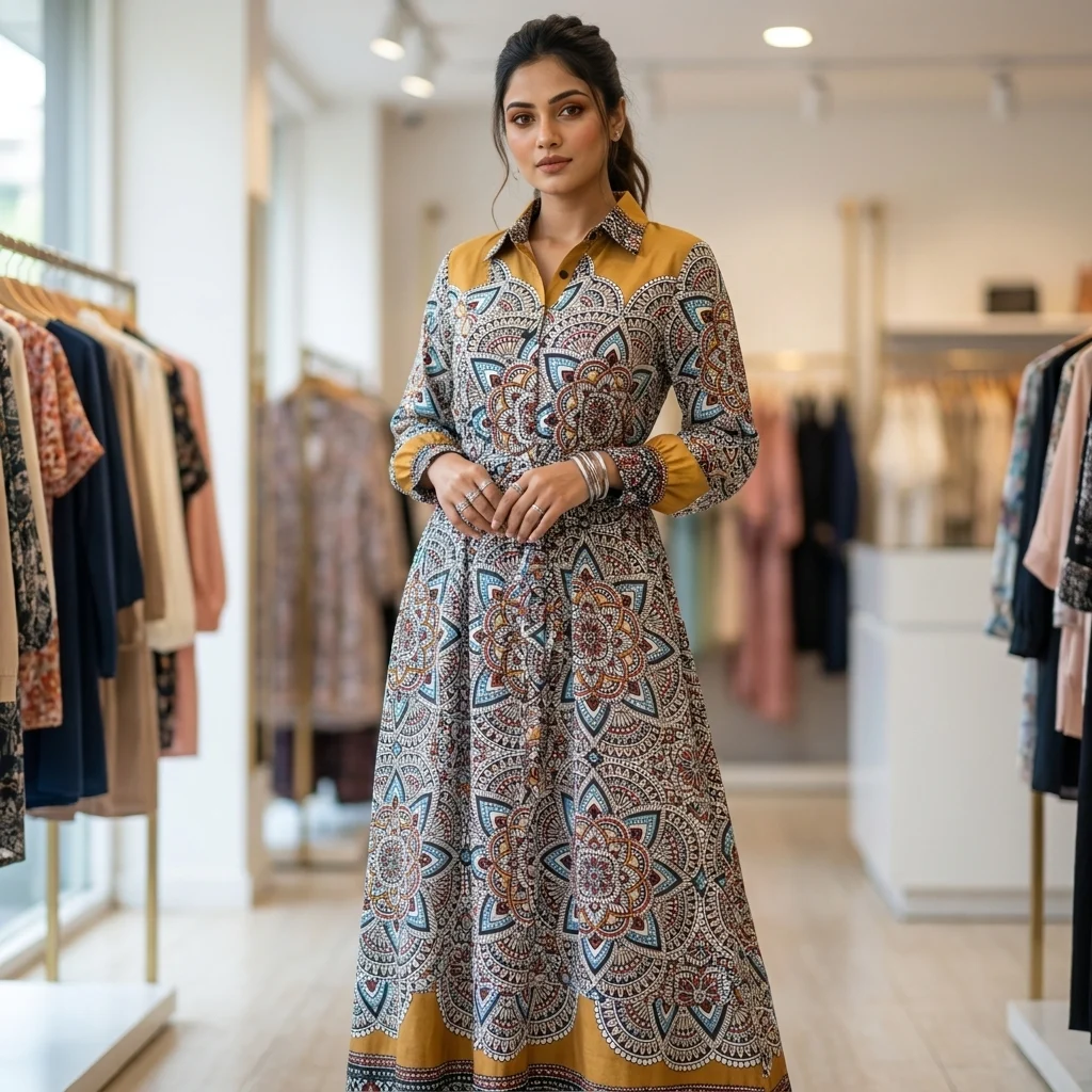Back view of womens Masi mandala print maxi shirt dress in mustard (4)
