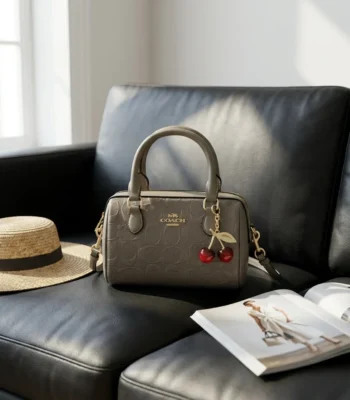 Coach olive green embossed leather mini satchel bag for women with cherry charm (1)