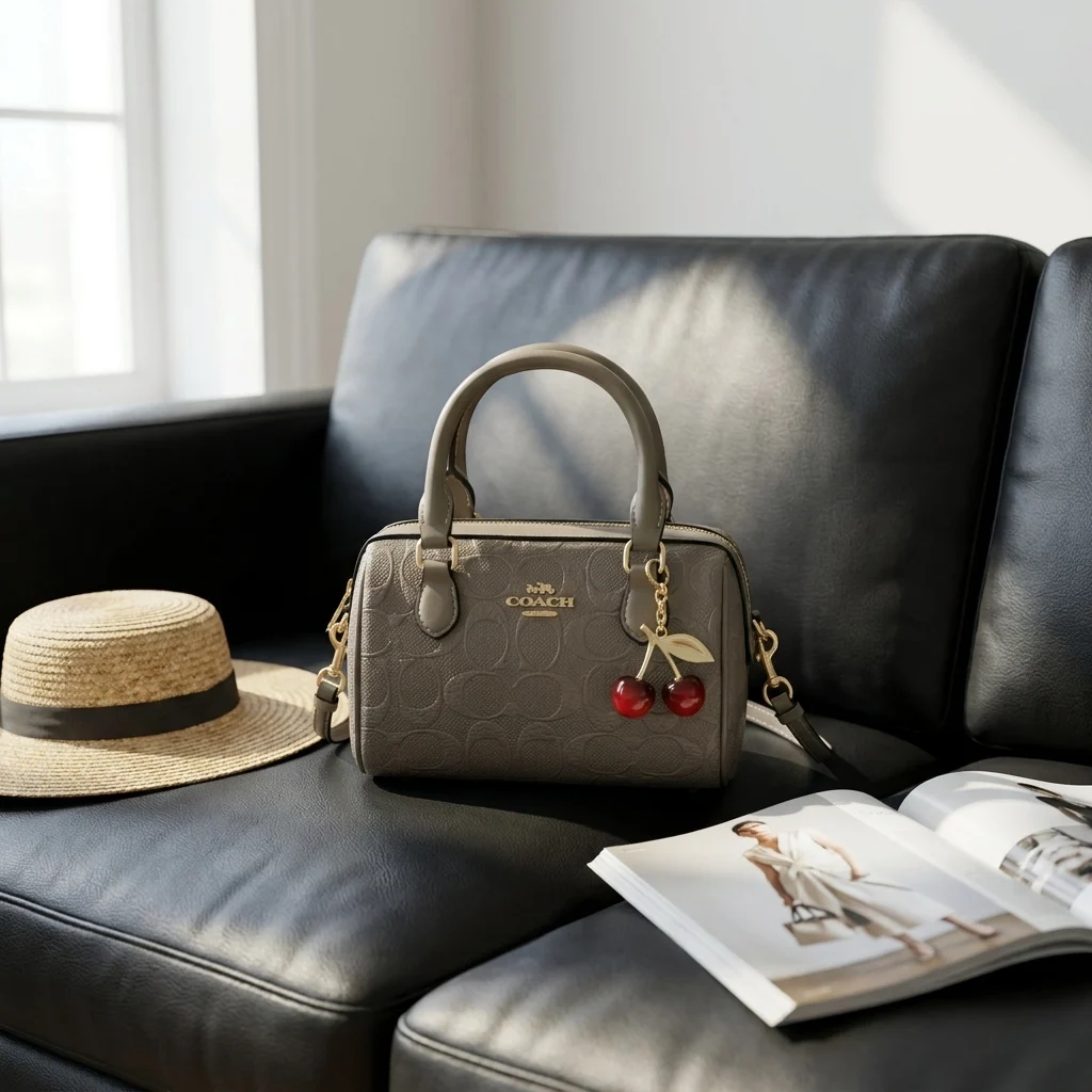Coach olive green embossed leather mini satchel bag for women with cherry charm (1) Coach olive green embossed leather mini satchel bag for women with cherry charm (1)