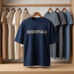 Man wearing a mens navy blue oversized essentials graphic t shirt (2)