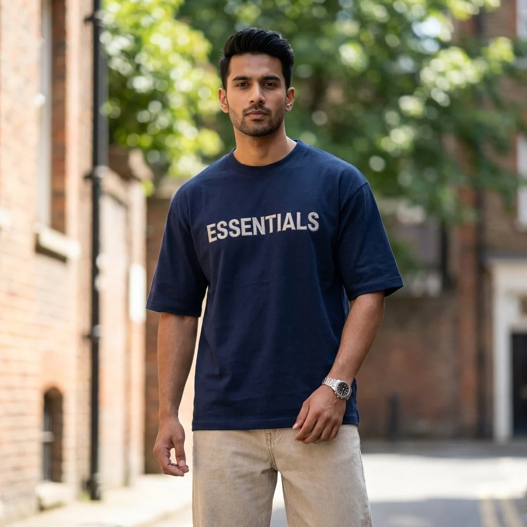 Man wearing a mens navy blue oversized essentials graphic t shirt (4) Man wearing a mens navy blue oversized essentials graphic t shirt (4)