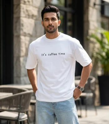 Men oversized white t shirt with minimalist coffee typography (2)