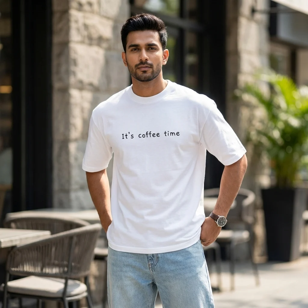 Men oversized white t shirt with minimalist coffee typography (2) Men oversized white t shirt with minimalist coffee typography (2)