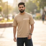 Mens beige relaxed fit t shirt with essentials chest print (1)