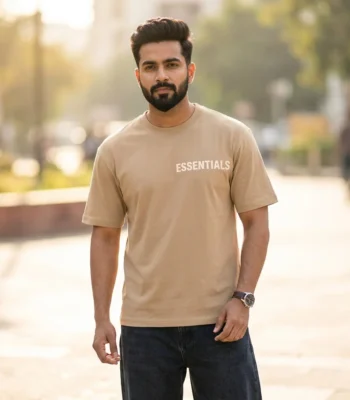 Mens beige relaxed fit t shirt with essentials chest print (1)