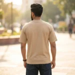 Mens beige relaxed fit t shirt with essentials chest print (4)