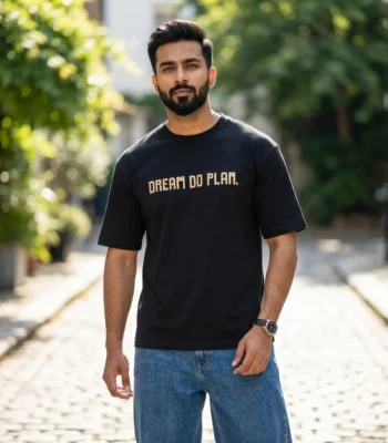 Mens black oversized graphic t shirt with Dream Do Plan print (3)