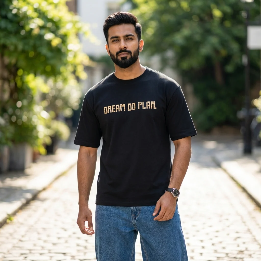 Mens black oversized graphic t shirt with Dream Do Plan print (3)