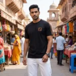 Mens premium black t shirt with brown chest logo (1)