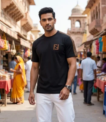 Mens premium black t shirt with brown chest logo (1)