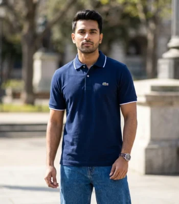 Premium mens navy blue polo t shirt with contrast collar piping (4)