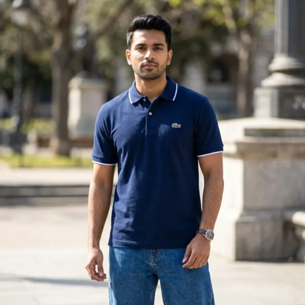 Premium mens navy blue polo t shirt with contrast collar piping (4)