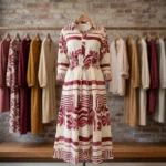 The Womens Masi Dress, a maroon abstract print maxi shirt dress with collared neck (1)