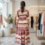 The Womens Masi Dress, a maroon abstract print maxi shirt dress with collared neck (2)