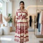 The Womens Masi Dress, a maroon abstract print maxi shirt dress with collared neck (4)