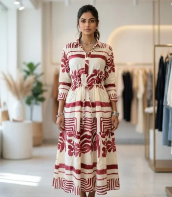 The Womens Masi Dress, a maroon abstract print maxi shirt dress with collared neck (4)