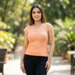 Woman wearing a stylish peach ribbed lace v neck top with rhinestone (2)